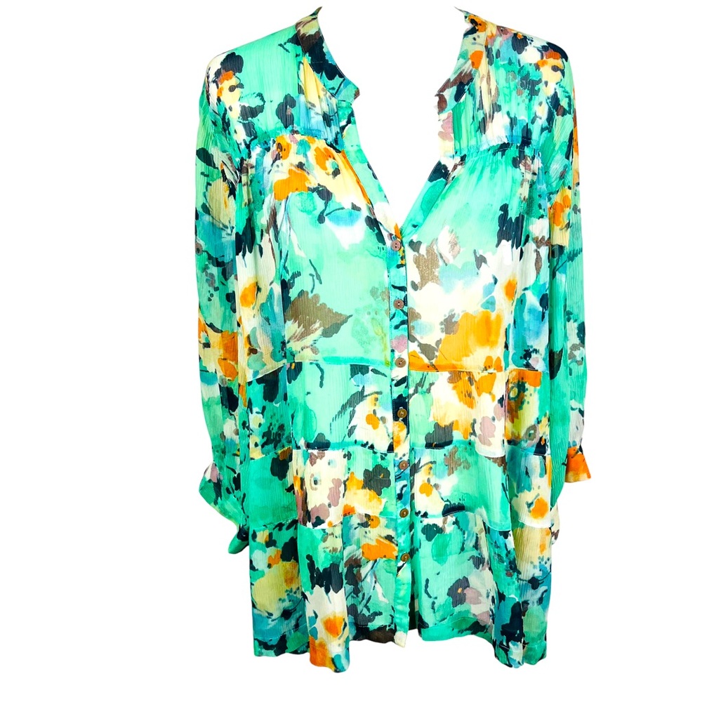 Sundance Green Watercolor Floral Print Semi Sheer Silk Top.